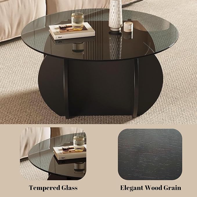 Honyee Round Glass Coffee Table, 30.7" Small Coffee Table with Tempered Glass Top and Wood Grain Base, Modern Circle Coffee Table for Living Room, Easy Assembly, Black