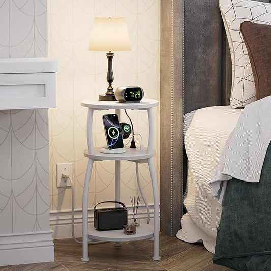 Round Side Table with Power Outlet & USB Ports, 3-Tier End Table with Storage Shelf, Modern Rustic Nightstand, Small Spaces Accent Table for Living Room Bedroom, Easy Assembly, White