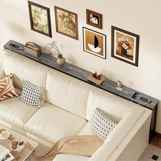 SUPERJARE 102.4 Inch Sofa Table with Power Outlets and USB-C Ports, 5.9 Inch Narrow Console Tables, Entryway Hallway Couch Tables with Storage, Behind Sofa, Small Spaces, Living Room, Grey