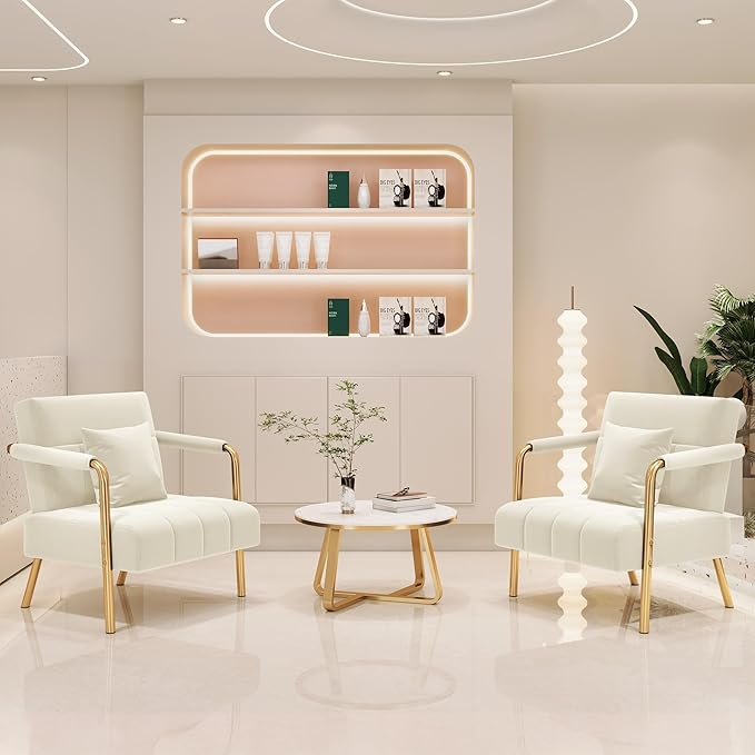 Yaheetech 30" W Accent Chair Velvet Oversized Armchair Living Room Chair with Golden Frame & Cozy Pillow for Living Room, Bedroom, Office Beige