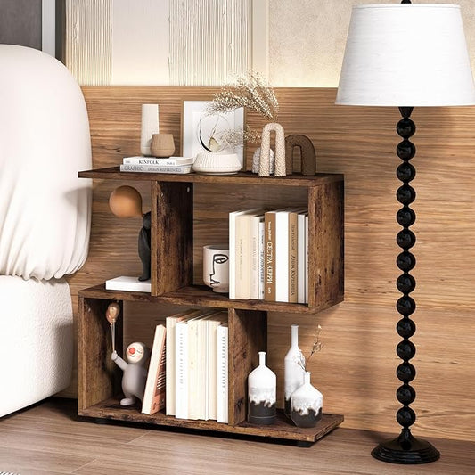 Giantex 3-Tier Geometric Bookshelf, 24" Tall Wood S-Shaped Display Shelves with Thick Foot Pads, Freestanding Open Shelves Nightstand, Floor Standing Display Shelf Bookcase, Brown