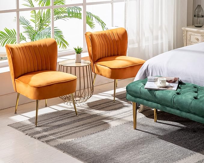 Velvet Accent Chairs Set of 2 for Comfy Living Room Armless Slipper Chair Mid Century Side Chair Single Sofa with Golden Legs Wingback for Bedroom Guest Room, Orange