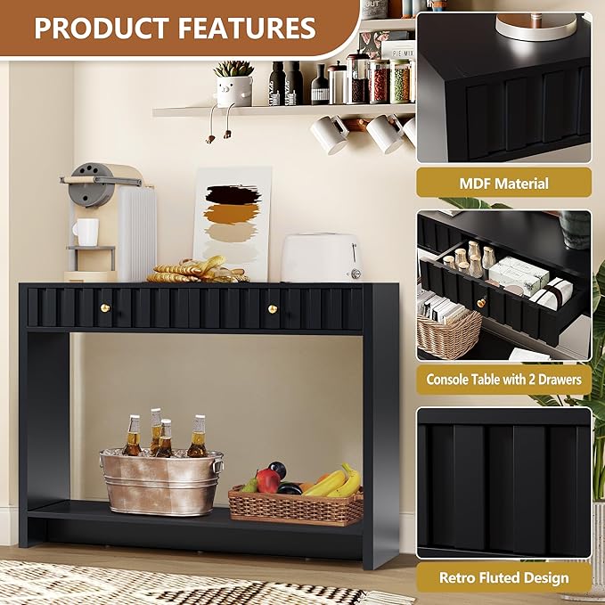 AVZEAR Entryway Console Table with Fluted Drawers, Mid Century Entryway Table with Storage, 43" Long Couch Table Behind Sofa Narrow Sofa Table Console Tables for Living Room Hallway Entrance, Black