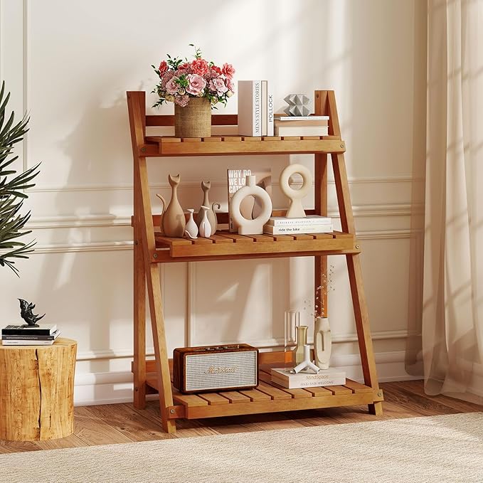 Giantex Foldable Ladder Plant Shelf, 3-Tier Solid Wood Indoor Outdoor Flower Pot Display Rack, Corner Storage Bookshelf, Freestanding Tiered Plant Stand for Garden Patio Balcony, No Assembly