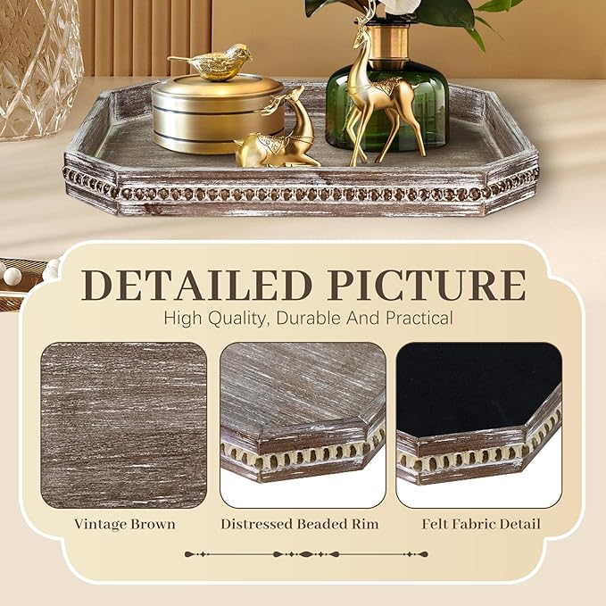 Wooden Decorative Tray, Rustic Serving Tray with Wood Bead, Farmhouse Big Tray for Ottoman, Countertop, Coffee Tabl, 16.5" x 13"x 1.6" (Retro Brown)