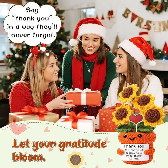 Mini Thank You Gifts for Women Handmade Crochet Sunflower Appreciation Gift for Women, Teacher, Mentor, Nurse, Boss, Leader, Friend, Coworker Retirement Farewell Christmas White Elephant Gift Ideas