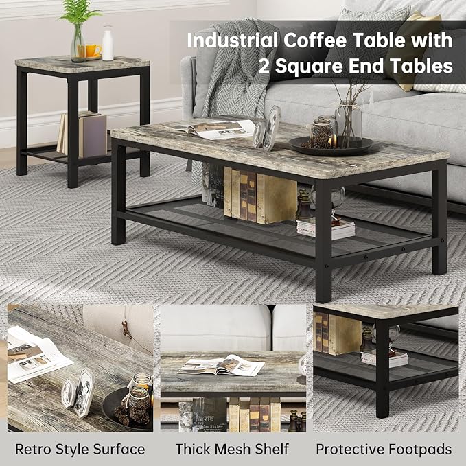 AWQM Coffee Table Set of 3, Industrial Coffee Table with 2 Square End Side Tables, Modern Living Room Table Set with Metal Frame for Apartment Home Office, Grey