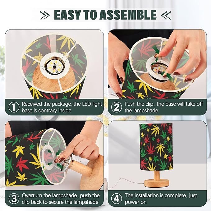 Table Lamp Multicolor Marijuana Cannabis Hemp Leaf Red Yellow Green Color Nightstand Lamp with Wood Base Fabric Lamp Shade Bedside Desk Lamp for Living Room Bedroom Kids Room Office