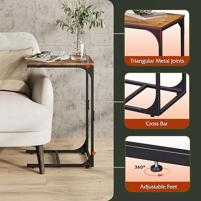 WLIVE C Shaped End Table, Small Couch Side Tables with Metal Frame That Slide Under, Sofa Table TV Tray for Living Room, Bedroom, Rustic Brown