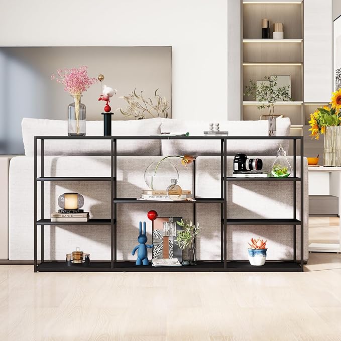 63 Inch Metal Console Table with 8 Storage Shelves,Extra Long Entryway Table,Narrow Sofa Table,Hallway Table for Entrances to Corridor, Foyer,Living Room (Black, 62.99×11.81×31.5)