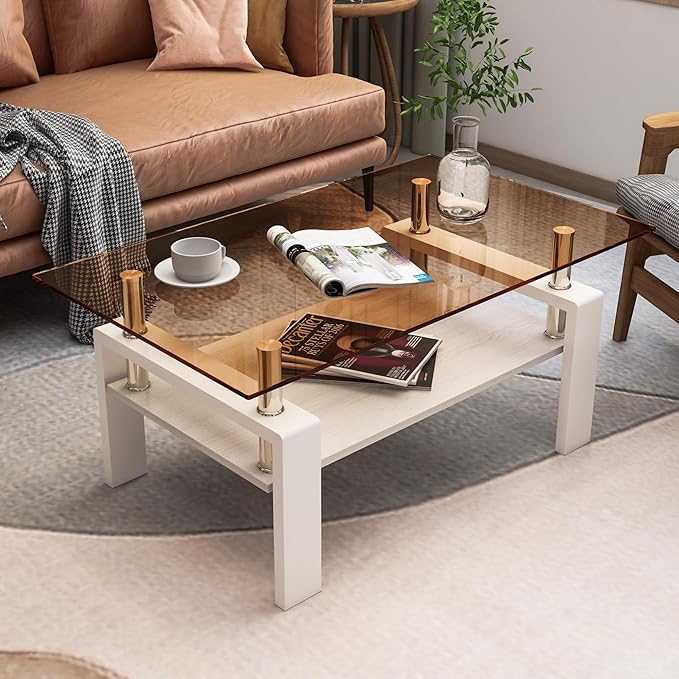 Modern 2-Tier Coffee Table with Tempered Glass Top, MDF Shelf & Metal Legs, Rectangular Living Room Center Table, Sturdy & Stylish Table for Small Spaces, Lounge or Office