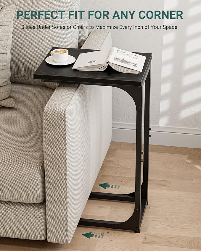 C-Shaped Side Table for Couch - Small Coffee Stand Sofa Tray Desk with Metal Frame and Waterproof Scratch Resistant, Modern End Accent for Living Room, Bedroom, Small Spaces, Black