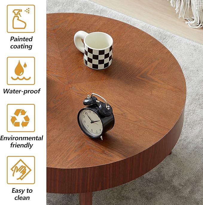 2 Pieces Round Wood Coffee Table Set, Modern Sofa End Table, Accent Side Table for Living Room ﻿ (Walnut)
