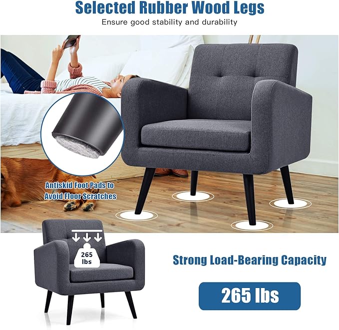 Giantex Upholstered Accent Chair Set of 2, Modern Mid Century Linen Fabric Living Room Chair with Arms, Max Load 265 Lbs, Comfy Tufted Single Sofa for Reading, Bedroom, Office, Club, Grey