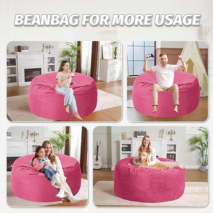 3FT Bean Bag Chair with Ultra Soft Velvet Cover Bean Bag Sofa with Memory Foam Bean Bag Chairs with Large Size Lazy Sofa for Dorm Office Living Room Bedroom Hot Pink 3'