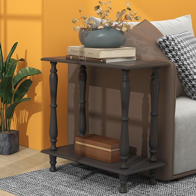 TaoHFE Narrow End Table - 2-Tier European Style Vintage Side Table for Living Room, Bedroom, Small Spaces - Black Wooden Retro Bedside Table