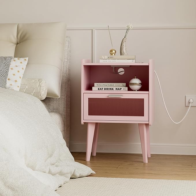 Nightstand with Charging Station, Bedside Tables Pink End Table Side Table with 2 Tiers Storage Space, for Bedroom Living Room MLBZ07PE