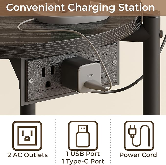 LIKIMIO Round End Tables, Set of 2, 16" W Small Round Side Tables with Charging Station, 2-Tier Modern Nightstands for Small Spaces, Living Room, Bedroom, Black