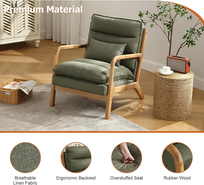 INZOY Accent Chairs Set of 2, Mid Century Modern Accent Chair with Wood Frame, Upholstered Reading Armchair with Waist Cushion, Side Chair for Living Room Bedroom Office, Easy Assembly, Green