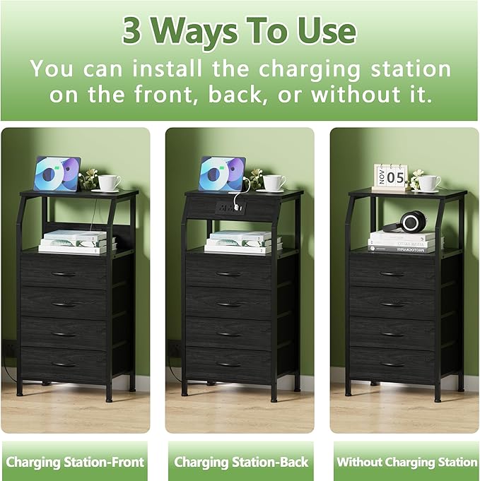 Furnulem Night Stand with Charging Station, 4 Drawer Dresser with Storage Shelf, 33.3 Inch Tall Side Table, Fabric End Table for Closet, Entryway, Bedside Furniture, 3 Ways to Use, Black Oak