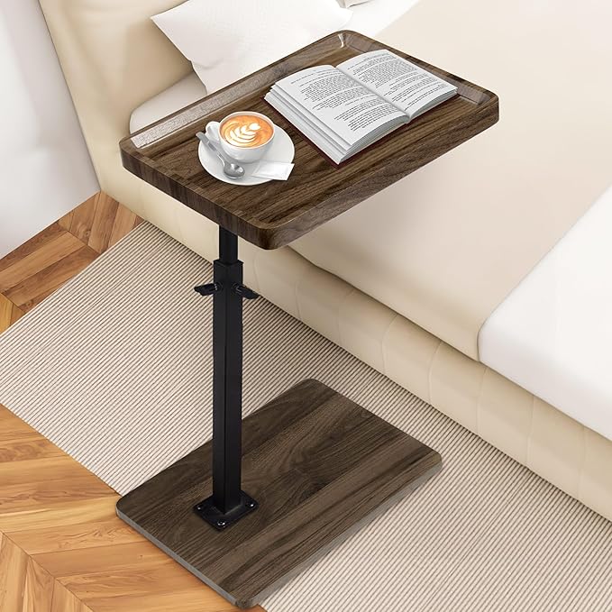 Aoligrace Adjustable Height Side Table with 360° Swivel Top, Wooden C Shaped End Table for Couch Sofa Bed, Small TV Tray for Small Spaces Living Room Bedroom