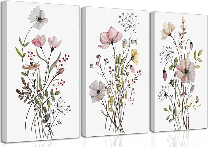3Pcs Watercolor Wildflower Canvas Wall Art Modern Minimalist Colorful Botanical Floral Painting Pictures Wall Decor Flower Posters Print Artwork for Living Room Bedroom Home Decoration