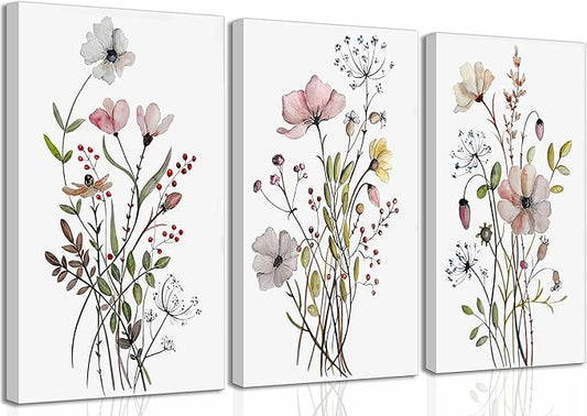 3Pcs Watercolor Wildflower Canvas Wall Art Modern Minimalist Colorful Botanical Floral Painting Pictures Wall Decor Flower Posters Print Artwork for Living Room Bedroom Home Decoration