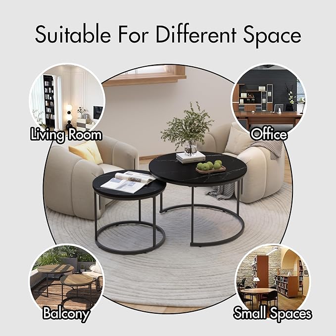 Nesting Coffee Table Set of 2, 27.56" Round Coffee Table Marble Pattern Top with Sturdy Metal Frame, Side Tables for Living Room, Bedroom, Outdoor Balcony Yard (Black)