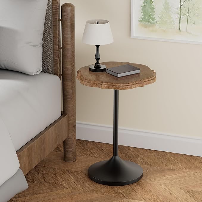 Sofa Side Table, Round Solid Wood End Table for Small Spaces, Modern Nightstand for Living Room and Bedroom Decor, Walnut
