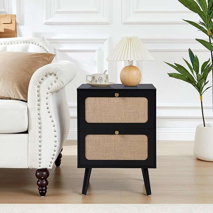 16" Wooden Nightstand with 2 Storage Drawer, Farmhouse Bedside End Table with Linen Decor, Modern for Night Stand Bedroom, Living Room & Small Spaces (Black)