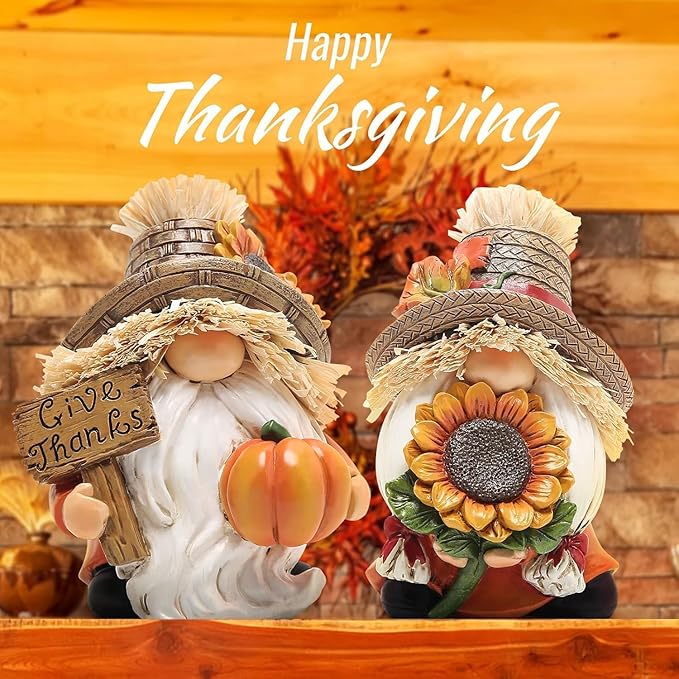 Hodao Fall Decorations for Home - Thanksgiving Gnome Figurines with Sunflower and Pumpkin, Resin Harvest Autumn Decor, Rustic Holiday Accent, for Family, Friends and Housewarming