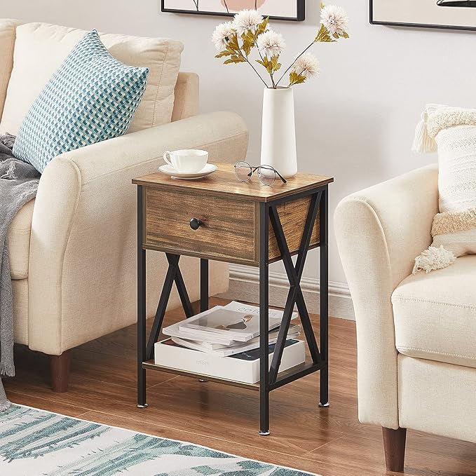 VECELO Nightstands Set of 2, Modern Bedside End Tables, Night Stands with Drawer and Storage Shelf for Living Room Bedroom, Industrial Metal Frame