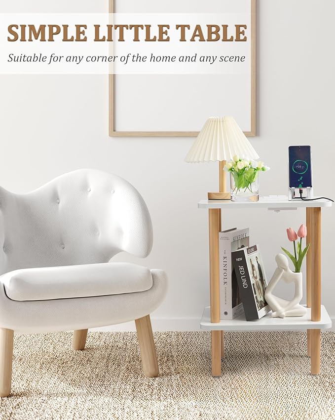 FORAOFUR End Table with Charging Station, End Tables with USB Ports and Outlets, Small Side Table for Living Room, Bedroom & Office, Two-Tier Narrow Side Table, Easy Assembly