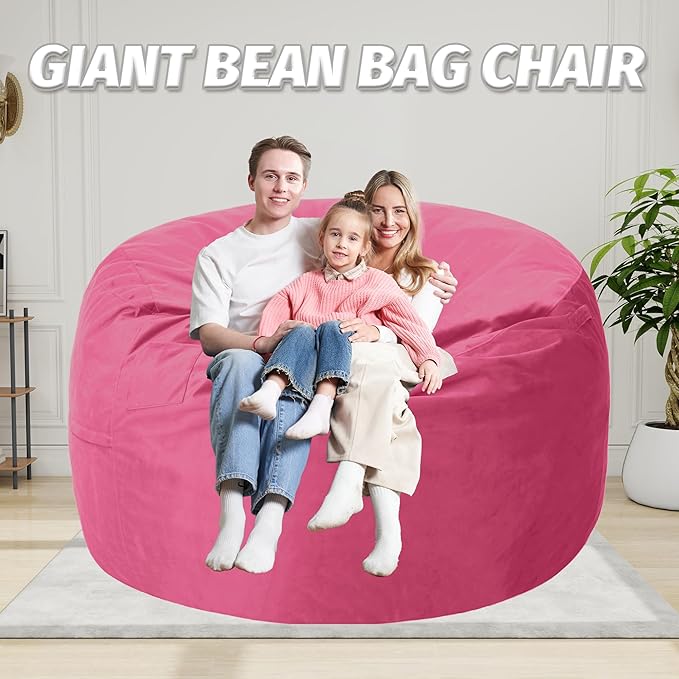5FT Bean Bag Chair with Ultra Soft Velvet Cover Bean Bag Sofa with Memory Foam Bean Bag Chairs with Large Size Lazy Sofa for Dorm Office Living Room Bedroom Hot Pink 5'