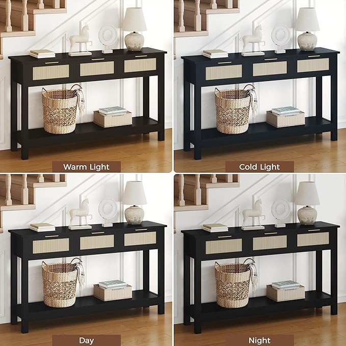 Luoxiao Entryway Console Table with 3 Rattan Drawers - Long Sofa Table Behind Couch Modern Fluted Hallway Living Room Storage Cabinet, Entry Table Open Shelf Foyer Furniture, Anti-Tip, Black, 47 Inch