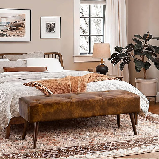 Furnimart Faux Leather Bench Ottoman, Tufted Button Bedroom Benches Footrest Stool in Solid Wood Legs, Long and Dining Bench, Indoor Bench for Entryway Living Room Bedroom (Leather-DustYellow)