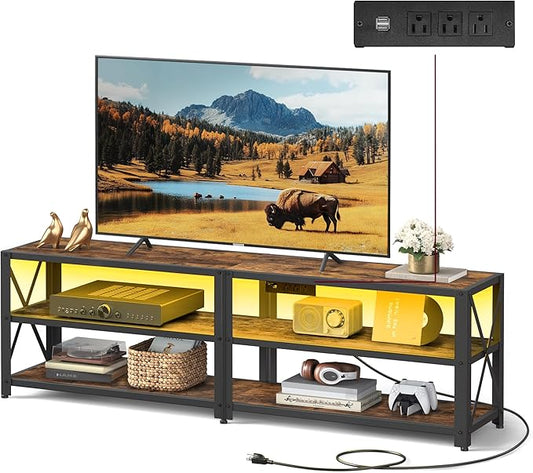 VASAGLE TV Stand with Power Outlets and LED Lights, for TVs up to 65 Inches, Entertainment Center with Open Storage Shelves, TV Console Table for Living Room, Rustic Brown and Ink Black ULTV118K01