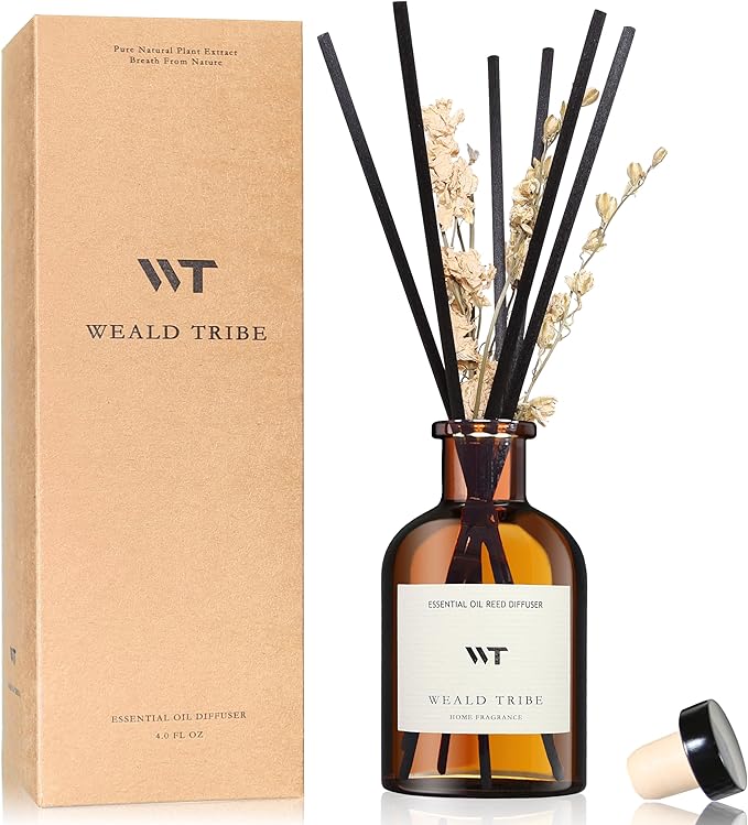 WEALD TRIBE Reed Diffuser Set for Bathroom Shelf Decor, Sticks Diffuser with Essential Oils Included | Early Summer Gardenia Scent 4.0 fl oz Fragrance Oil | Defusers for Home Apartment Essentials