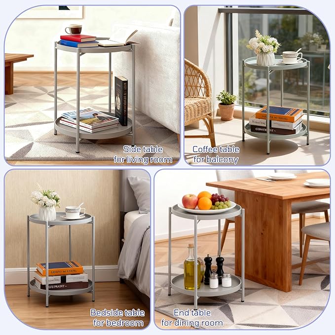 HollyHOME 2-Tier Round Side Table, Outdoor Small Folding Accent Stand with Removable Tray, Anti-Rust Metal Asional Table for Balcony Patio Living Room, Nightstand for Bedroom(Grey)