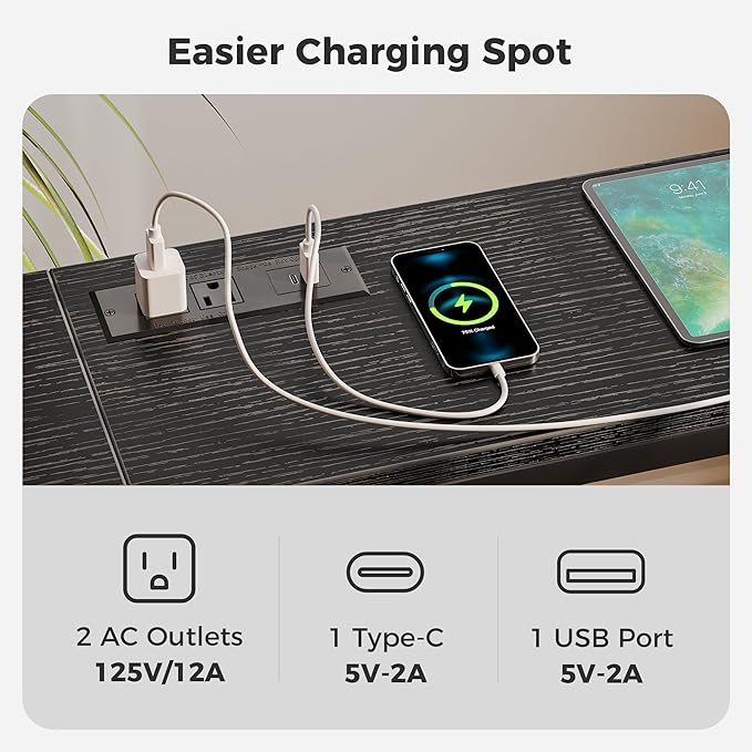 SUPERJARE 70 Inch Console Table with Outlet, Sofa Table with Charging Station, Narrow Entryway Table, Skinny Hallway Table, Behind Couch Table, for Living Room, Black