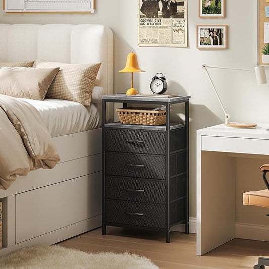 Huuger Night Stand with Charging Station, 4 Drawer Dresser for Bedroom, Bedside Table, 33.9 Inch Tall Nightstand with Open Shelf, End Table, for Closet, Entryway, Bedroooom, Gray