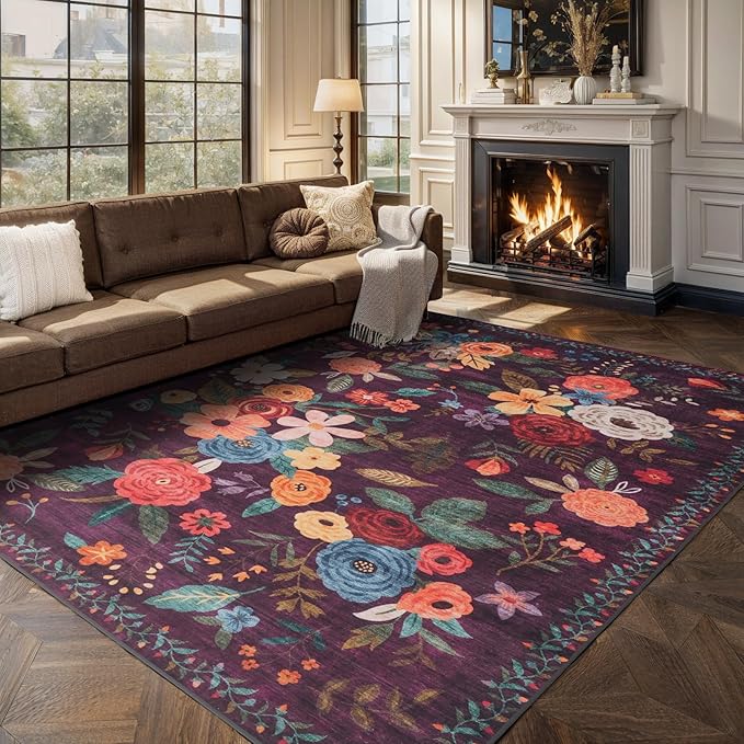 Living Room Rugs, Area Rugs 5x8 Rug for Bedroom Ultra-Thin Soft, Non-Slip Washable Rugs Stain Resistant Boho Rug Low-Pile Throw Rug for ‎Dining Room Office (5 x 8, Purple Lawn)