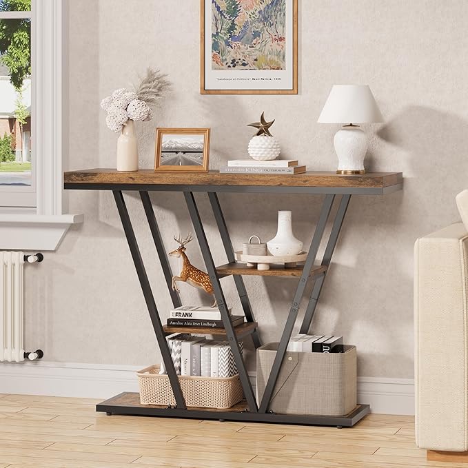 POZILAN 41.3" Console Table for Entryway, 4-Tier Sofa Entryway Table, Narrow Side Tables with Storage Shelves, Farmhouse Accent Hallway Tables for Living Room, Foyer, Entrance, Rustic Brown