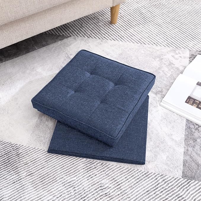 Ornavo Home Square Storage Ottoman Linen Foldable Tufted Cube Storage Ottoman Foot Rest Stool/Seat with Table Top Lid, Coffee Table Ottoman - 15" x 15" x 15" (Navy Blue)