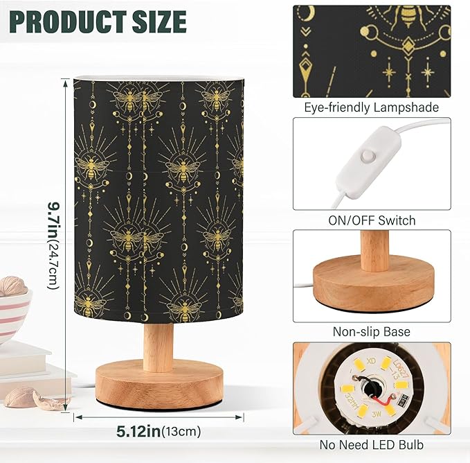 Table Lamp Gold Geometric Bee Moon Sun Stars Mystical Nightstand Lamp with Wood Base Fabric Lamp Shade Bedside Desk Lamp for Living Room Bedroom Kids Room Office