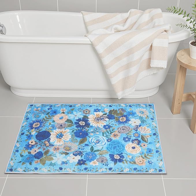 Area Rugs 24x17 Inch Home Decor Entry Rug, Small Door Mat Bath Mats for Bathroom, Ultra-Thin Non Slip Floral Low Pile Tub Mat for Sink Shower Doorway Tub Kitchen Sink(2 x 1.4 ft, Blue Garden)