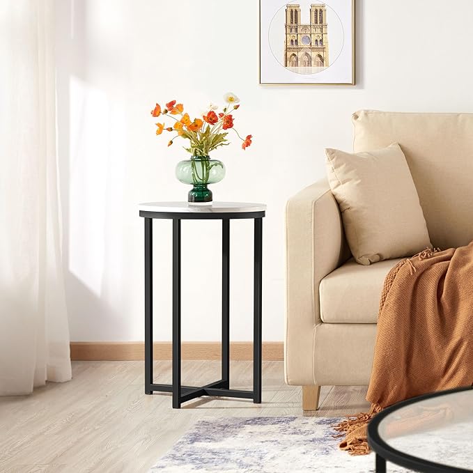 Yaheetech Round End Table Set of 2,16in Faux Marble Accent Table,Modern Side Table with Marble Top and Metal Frame,Small Coffee Table Telephone Table for Living Room/Small Space,Black