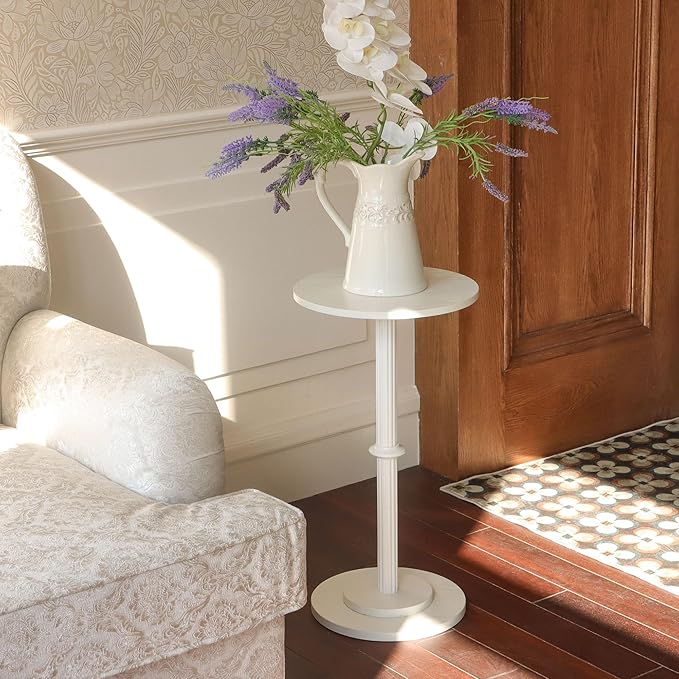 MaxSmeo Drink Table, Small Side Table for Small Spaces, Modern Round End Table with Fluted Wood Leg, White