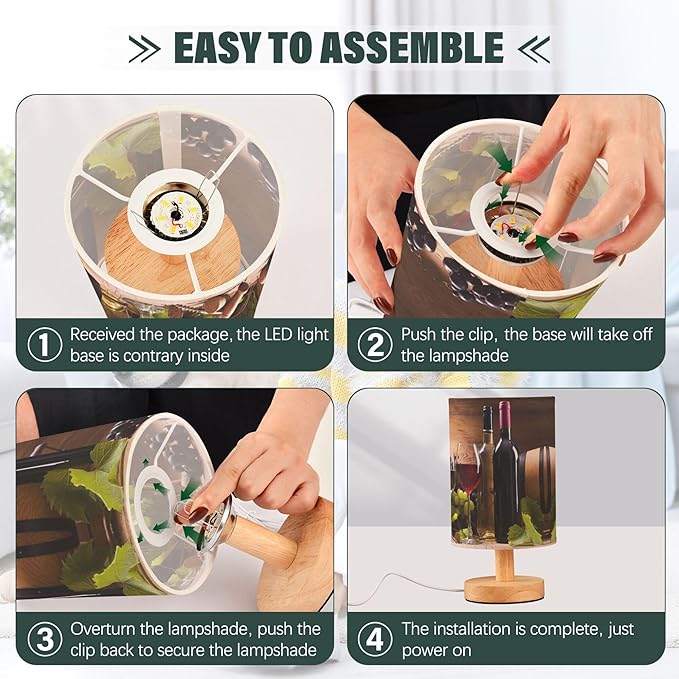 Table Lamp Red and White Wine in Glass Fruit Grape on Wooden Nightstand Lamp with Wood Base Fabric Lamp Shade Bedside Desk Lamp for Living Room Bedroom Kids Room Office