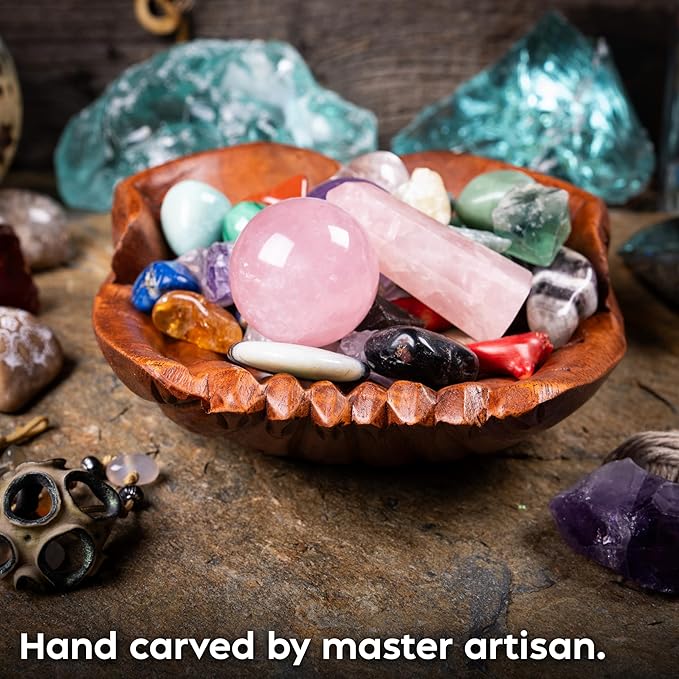 Curawood Carved Hands Offering Bowl - Crystal Holder for Stones, Rock Collection Holder, Crystal Display Storage Tray, Wooden Hands Bowl for Keys - Rock Display Case for Shelf, Stand, Altar Decor (L)